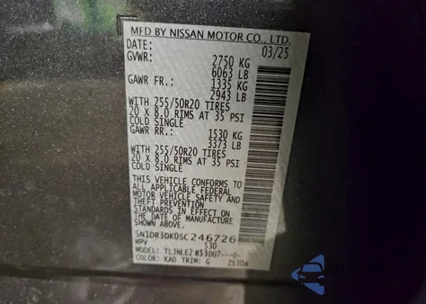 2025 Nissan Pathfinder Platinum z USA, uszkodzony, nr VIN 5N1DR3DK0SC246726